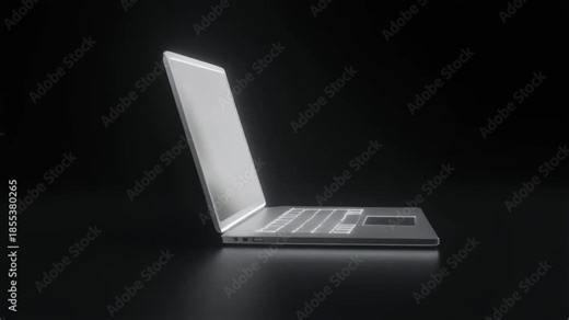 High-quality 3D animation of a shining metallic laptop computer rotating slowly representing modern business and digital work