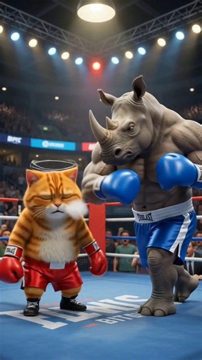 Small Cat Knockout Big Rhino! 🥊🐱 AI Cat Boxing Match #shorts