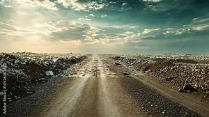 A desolate dirt road stretches through a landscape littered with garbage, under a dramatic sky filled with clouds, highlighting environmental degradation and waste management issues. Stock Video