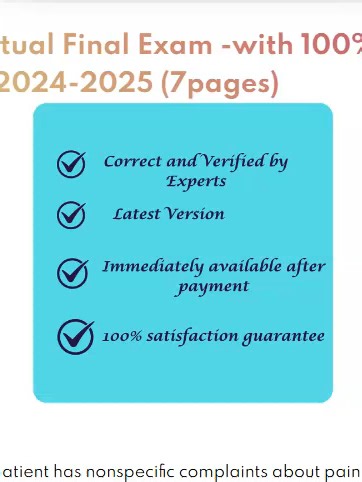 NR 546 Actual Final Exam -with 100% verified solutions-2024-2025 A 14-year-old patient has nonspecific complaints about pain in his or her legs. The physical examination is unremarkable. Laboratory results are within normal limits except for a markedly elevated alkaline phosphatase level. The psychiatric-mental health nurse practitioner: interprets the findings as normally occurring during a rapid adolescent growth spurt. obtains a rheumatoid profile because elevated alkaline phosphatase is a si