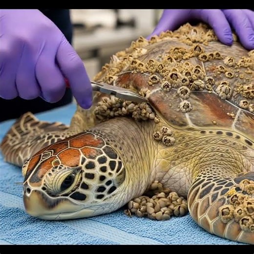 REMOVE BARNACLES FROM SEA TURTLE - helping helpless sea turtle