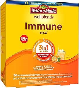 Nature Made Wellblends ImmuneMAX Fizzy Drink Mix, Vitamin C 2000mg with Zinc 20 mg, Vitamin D3 1000 IU (25 mcg), plus Seven B Vitamins and Electrolyte Hydration Blend, 30 Stick Packs