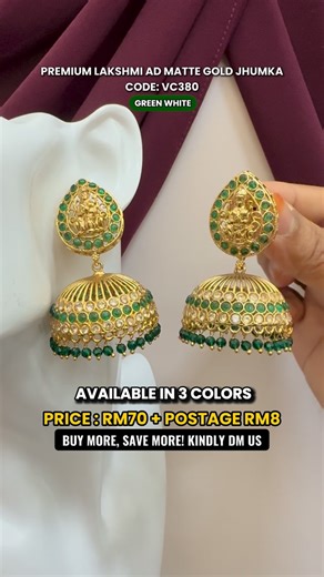 Veevi Collections on Instagram: "Ready Stock Ruby White: 1 Pair Green White: 1 Pair Ruby Green White: 1 Pair Premium Lakshmi AD Matte Gold Jhumka Code: VC380 ✅Dimension: Big - 5.5cm(H) x 4cm(W) ✅Color: Ruby White, Green White, Ruby Green White ✅Weight: Heavy - 18.9gram/pc Price: RM70 + Postage RM8 Within Peninsula Malaysia #jhumka#vcpremiummattegoldjhumka#vcpremiummattegoldbigjhumka"