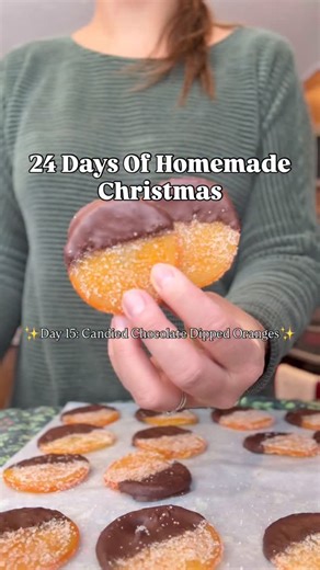 The Sprouting Homestead | Alberta Homesteader on Instagram: "24 DAYS OF HOMEMADE CHRISTMAS🎄🤍 Day 15: Candied Orange Slices Dipped in Chocolate🍊 Comment “ORANGE” for the full printable recipe & tags, or find it below. Ingredients: 2 large oranges 1 ½ cups granulated sugar 1 cup water 6 oz dark or milk chocolate 1 tablespoon coconut oil Optional: sea salt, crushed nuts, or edible glitter for topping 1. Blanch the oranges: Slice the oranges into ¼-inch thick rounds and remove seeds. Bring a pot