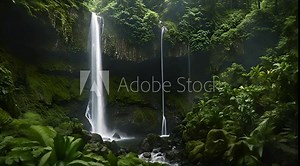 Showcase the dramatic power of a waterfall cascading down a lush rainforest