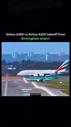 @inspirespheresx on Instagram: "Airbus A380 is the largest passenger aircraft in the world with four engines and a maximum takeoff weight of about 575 tons. Airbus A320 is a narrow body twin engine jet with a maximum takeoff weight of about 93 tons. The A380 needs a longer runway and higher thrust for takeoff compared to the A320. At Birmingham Airport you see the difference in acceleration, noise, and runway distance when both aircraft depart. This shows how aircraft size and engine power affec