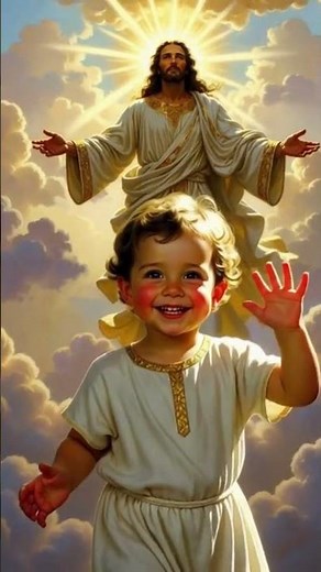 Jésus accueille les petits enfants au paradis, petits bébés anges partis trop tôt protégé par Jésus