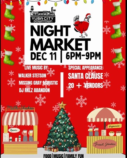 ✨ Downtown Yuba City Night Market – December 11! ✨ 6 PM – 9 PM | Center Street | Under the Lights Get ready for a magical evening in the heart of Downtown Yuba City! Join us for a festive Night Market filled with live music, delicious food, a bounce house for the kids, face painting, and unique gifts perfect for that special someone. Bring your family, bring your friends—there’s something for everyone! Come shop, eat, play, and enjoy the sparkling atmosphere of Center Street under the lights. 🎶