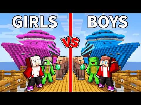 JJ & Mikey - BOYS vs GIRLS Cruise Ship Battle Challenge (Minecraft - Maizen)