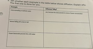 Tell whether each example in the table below shows diffusion. E... | Filo
