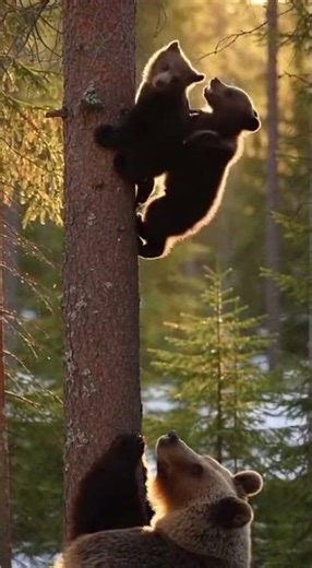 Baby Bears climbing trees