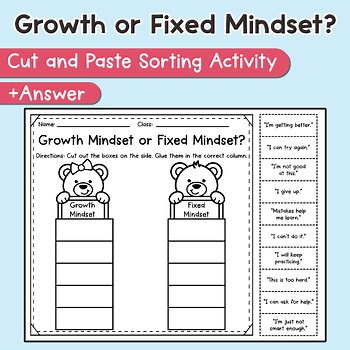 Growth Mindset or Fixed Mindset? Cut and Paste Sorting Activity | SEL Worksheet