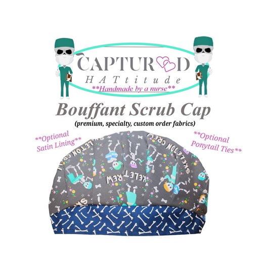 Skeleton Crew Bouffant Scrub Cap Surgical Bonnet| Adjustable Size, Cord Lock| Medical Humor| Optional Ponytail Ties, Custom Satin Lining - Etsy
