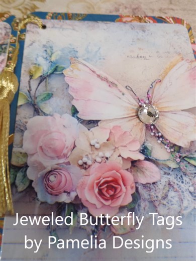 Embellished handmade Jeweled butterfly tags with pocket, Pamelia Designs https://www.etsy.com/shop/PameliaDesigns #paperie #pameliadesigns #embellishedtags #pockettags #journaltags #butterflies #annagriffin