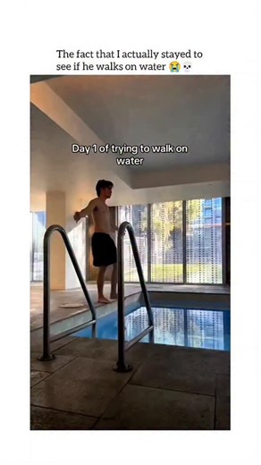 humourjoyusa on Instagram: "The video is a humorous "progress log" of a young man repeatedly trying to walk across the surface of a swimming pool. He documents his attempts over the course of 14 days, using various techniques to try and stay above the water. Key Stages of the Video The Early Days (Days 1–4): The man starts by simply trying to run or step quickly onto the water from the pool deck, resulting in him immediately falling in every time. The "Nonchalant" Approach (Day 8): Based on a vi