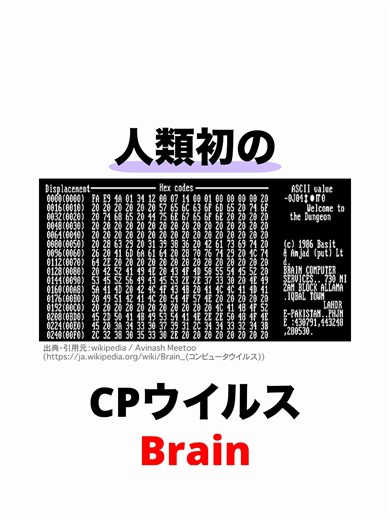 [雑学]人類初のコンピューターウイルスBrain #雑学nextthevideo #プチ知識 #雑学 Youtube https://www.youtube.com/channel/UCbIJ3gl32Q5Rqxlv5EFGIqA Instagram https://www.instagram.com/zatugaku__official/ VOICEVOX:ずんだもん ＊動画の無断転載などは禁止しています。 #コンピューターウイルス #Brainウイルス #世界初のウイルス #フロッピーディスク #違法コピー対策 #ブートセクタ #ボリュームラベル #自己偽装 #海賊版対策 #PC史 #ハッカー文化 #1980年 #セキュリティ史 #デジタル犯罪