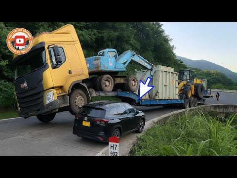 Oversized Truck Loses Control, Nearly Crushes Car on a Deadly Mountain Curve