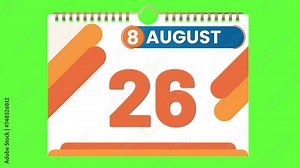 21 to 30, Months of August flipping pages time-lapse of desktop calendar on the Green screen