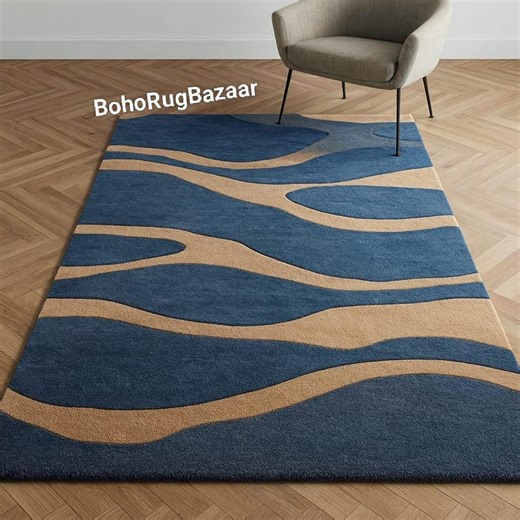 Hand Tufted Modern Blue & Beige Wave Pattern Rug | Contemporary Abstract Area Carpet | Living Room Floor Decor - Etsy UK