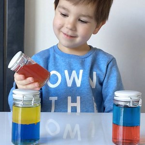 A fun demonstration how the primary colours mix and form the secondary colours. Thanks to the fact that water doesn't mix with oil we can observe how primary colours separate back into layers after mixing. For this activity water is coloured by food colouring and baby oil is coloured by oil based food colouring [http://geni.us/oilcolor] | TheDadLab