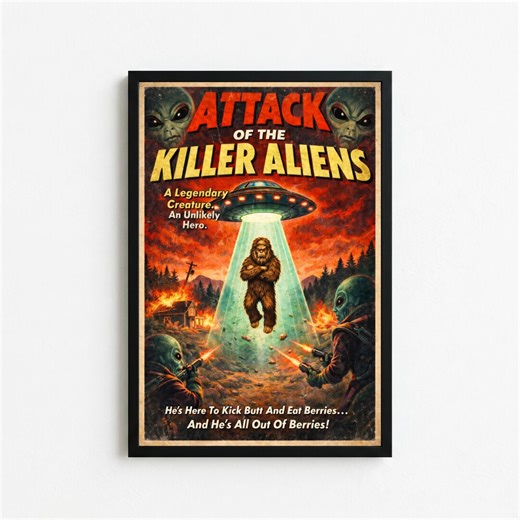 Bigfoot Alien Invasion Poster, Retro Sci-fi Monster Movie Wall Art, Sasquatch UFO Attack Vintage B-movie Style Decor - Etsy