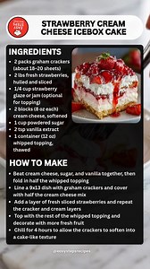 Strawberry Cream Cheese Icebox Cake 🍓🍰❄️ Ingredients For the crust and layers 2 packs graham crackers (about 18–20 sheets) 2 lbs fresh strawberries, hulled and sliced 1/4 cup strawberry glaze or jam (optional for topping) For the cheesecake filling 2 blocks (8 oz each) cream cheese, softened 1 cup powdered sugar 2 tsp vanilla extract 1 container (12 oz) whipped topping, thawed Serves: 12 Prep time: 20 minutes Chill time: 4 hours How to Make Beat the softened cream cheese, powdered sugar, and v