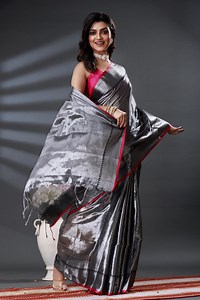 Handloom Tissue Soft Sari: Grey Saree Woven With Blouse Piece - With Fall Pico - Etsy