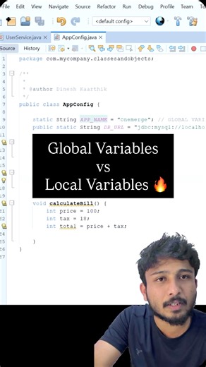 Dinesh Kaarthik on Instagram: "Global Variables & Local Variables🔥 Java, Java for freshers, coding interviews, programming, java real time examples #java #telugutech #codingintelugu #students #javabasics"