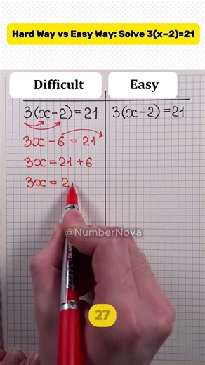 Hard Way vs Easy Way: Solve 3(x−2)=21 📚 Simple Algebra Trick #knowledge #maths #shorts