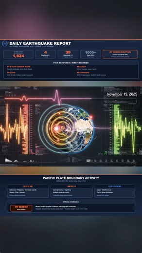 🌎 Daily Earthquake Report – November 19, 2025 🌎 The past 24 hours recorded 1,824 earthquakes worldwide, with four magnitude 5.0 events striking in the South Sandwich Islands, Chile, Japan, and Venezuela. Activity remains widespread across the Pacific and South America, including steady movement in Argentina, Chile, the Kermadec Islands, Vanuatu, Alaska, and the Philippines. Moderate quakes continue along major plate boundaries, and seismic energy remains elevated on multiple fronts. We also po
