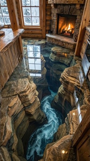 Cozy Log Cabin With a Stone Fireplace & a Stunning Epoxy River Floor (Winter Getaway Vibes) Step into this cozy log cabin interior where a warm stone fireplace meets a jaw-dropping epoxy “river canyon” floor that looks like flowing water carved through rock. ​ The glossy 3D-style flooring reflects the light like a calm mountain pool, while snowy windows make the whole space feel like a private winter hideaway. ​ If you love rustic cabin design, mountain-lodge decor, and unforgettable luxury cabi