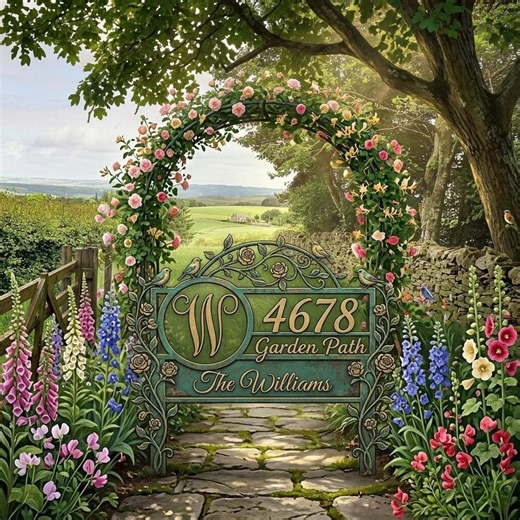 Custom Garden Address Sign, Floral Arch Metal Sign, Personalized House Number Sign, Cottage Yard Decor Monogram Sign - Etsy