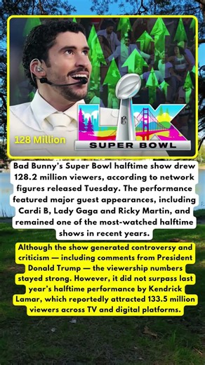 Bad Bunny’s Super Bowl Halftime Show Draws 128.2M Viewers #badbunny