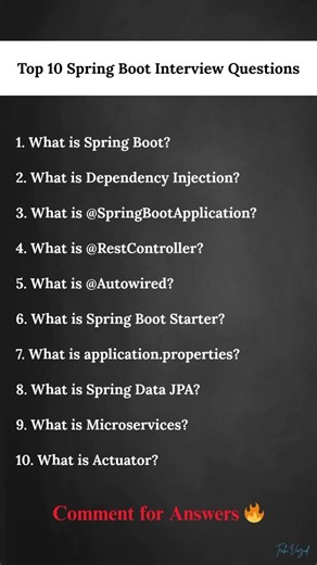 Top 10 Spring Boot Interview Questions (Comment for Answers 🔥)| #java #springboot #software #shorts