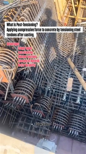 Engr Jebran khan on Instagram: "What is Post-Tensioning? Applying compressive force to concrete by tensioning steel tendons after casting. Advantages • Longer spans • Less cracking • Slimmer sections • Economy in material • Better durability #posttension #construction #civilengineering"