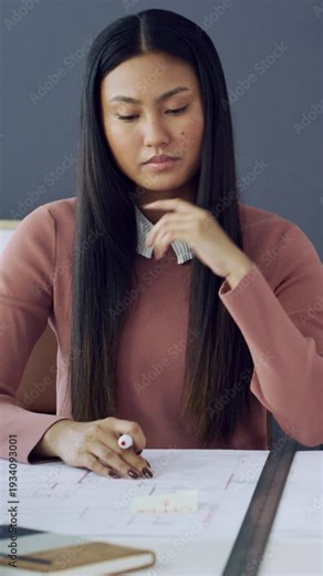 Thinking, architect and woman with blueprint, office and ideas for real estate project and creative. Construction, sticky note or person with document for property development, plan and architecture