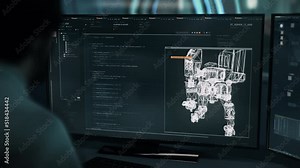 Programmer entering multiple data analysis scripts into the computer application. Scripts examining the computer data. Scripts using computer data to project a virtual robot character. Code.