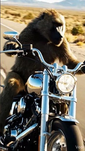realistic cinematic scene of a monkey riding a motorcycle at high speed on a paved road. Natural