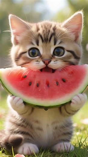 Tiny Kitten Eating a Huge Watermelon Slice ,Cute Summer Animation #cocofun #cat #entertaininganimals