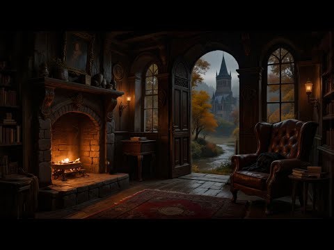 Warm Gothic Fireplace Room | Dark Academia Ambience with Cozy Fireplace for Focus and Reflection