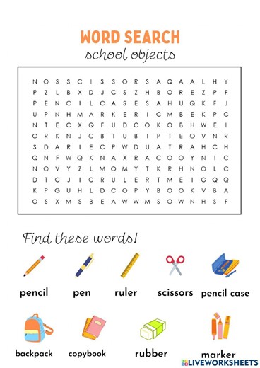 Word search school objects worksheet