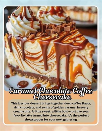 🍰 Caramel Chocolate Coffee Cheesecake Rich, swirled, and utterly divine — the perfect dessert for coffee and chocolate lovers! Ingredients: For the crust: 1 1/2 cups crushed chocolate graham crackers (or chocolate cookies) 1/4 cup granulated sugar 1/3 cup melted butter For the cheesecake filling: 3 (8 oz) blocks cream cheese, softened 1 cup granulated sugar 1/2 cup sour cream 1 tsp vanilla extract 3 large eggs 1/3 cup brewed espresso or strong coffee, cooled 1/2 cup semi-sweet chocolate chips, 