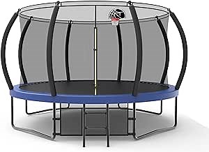 DHHU 14 FT Trampoline with Enclosure Net for Kids and Adults, Outdoor Trampolines with Curved Poles, Pumpkin Shaped Recreational Trampolines with Basketball Hoop, Ladder and Shoe Bag