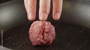 Cooking American fat smash burger on grill close-up. Beef or pork cutlet smashing by burger press. The chef in kitchen of the restaurant making cutlets for burgers - smash burger beefsteak. Fast and