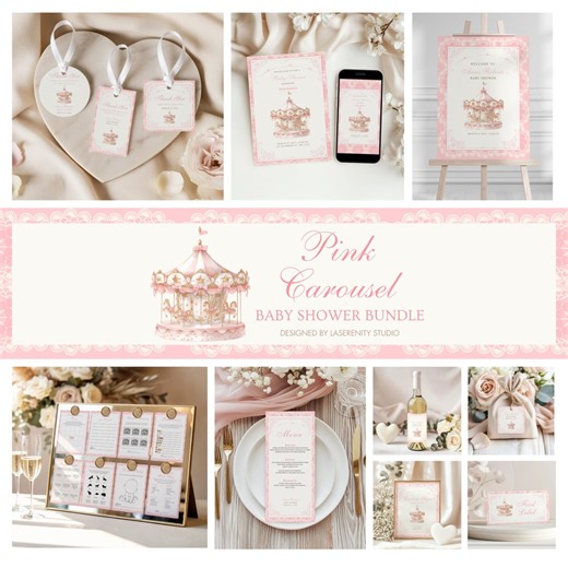 Editable Pink Carousel Baby Shower Bundle | Canva Template | Instant Download