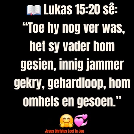 Die Vader se Onfeilbare Liefde In ’n wêreld wat vinnig etikette gee en stadig vergewe, skets die Bybelse verhaal van die Verlore Seun vir ons ’n heel ander prentjie. Dit is ’n kragtige prentjie van ’n God wie se liefde nie voorwaardelik is nie, maar oneindig. Hierdie gelykenis gaan nie net oor ’n rebelse seun se mislukking nie; dit gaan oor die Vader se onvoorwaardelike liefde en Sy hart wat nooit ophou om Sy kinders terug te roep nie. Soos iemand gesê het: “Jou mislukking mag jou beskryf, maar 