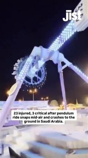 Jist on Instagram: "A terrifying accident occurred at Green Mountain Park in Taif, Saudi Arabia, when a 360-degree pendulum thrill ride snapped mid-operation. The central support pillar of the ride broke while it was in motion, causing the entire structure to collapse with riders still strapped in. Twenty-three people were injured in the incident, including three who are in critical condition. Emergency responders quickly arrived at the scene and transported the victims to local hospitals. Shock