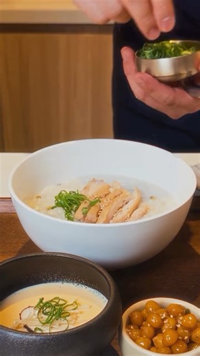 SOT Dining | Nokdu Samgye Juk. Rice porridge with chicken and mung beans, a comforting Korean breakfast classic. | Instagram
