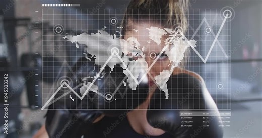 Female boxer training, shifting weight and jabbing camera while HUD map chart animating over her