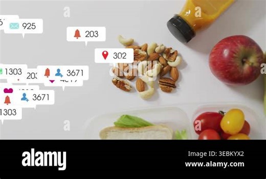 Upon first notification, icons appearing around lunch items, counts fluctuating showing engagement. Healthy, nutritious, snack, refreshment, social media, engagement, digital Stock Video Footage - Alamy